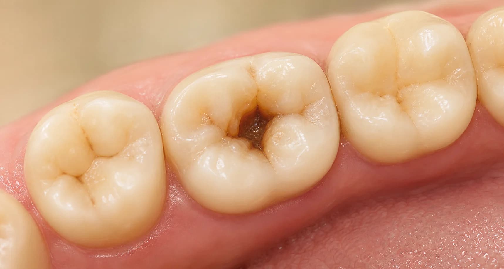 Molar with deep decay, during removal of the affected tissue