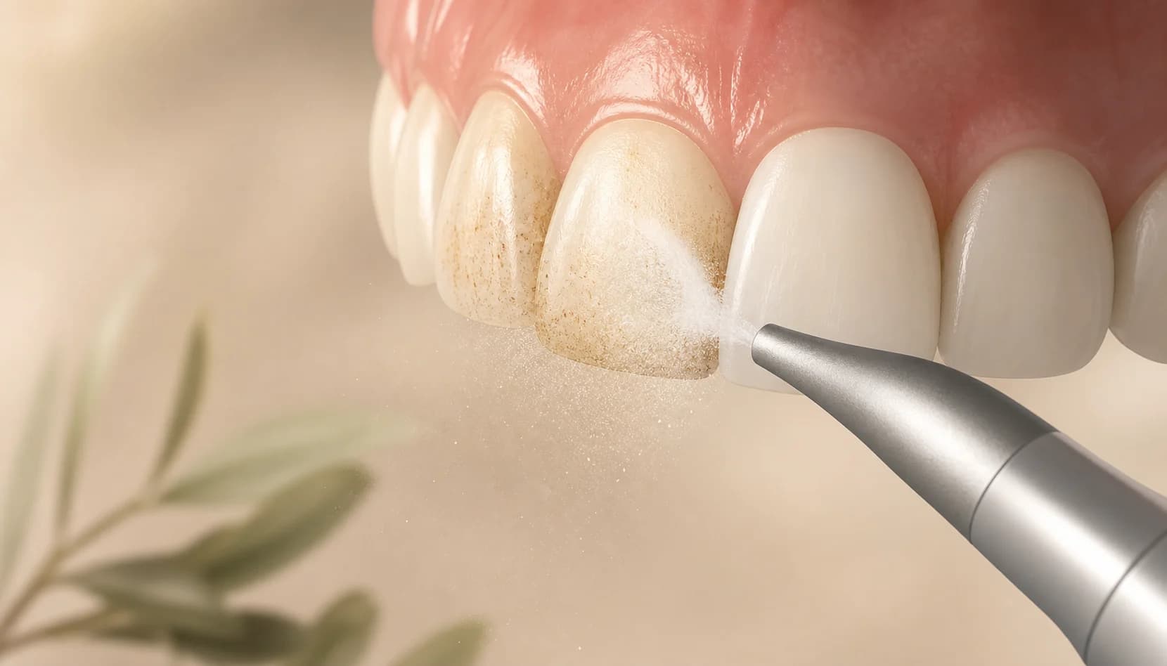 Removing tartar from a molar with an AirFlow jet